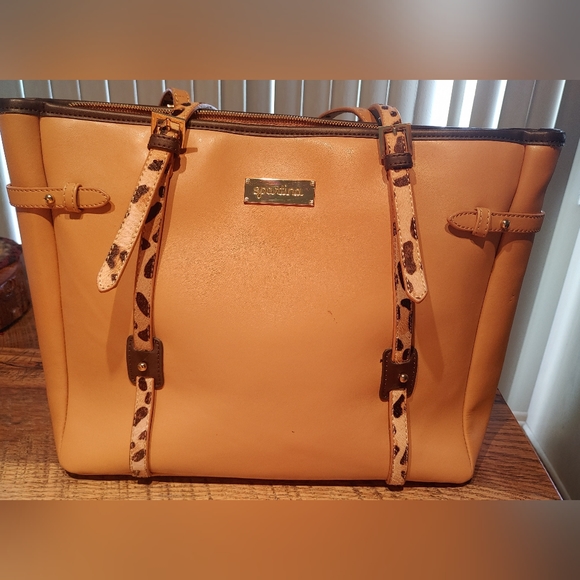 Spartina 449 Handbags - Spartina 449 Genuine Tan Leather Tote with Calf Hair Leopard Straps